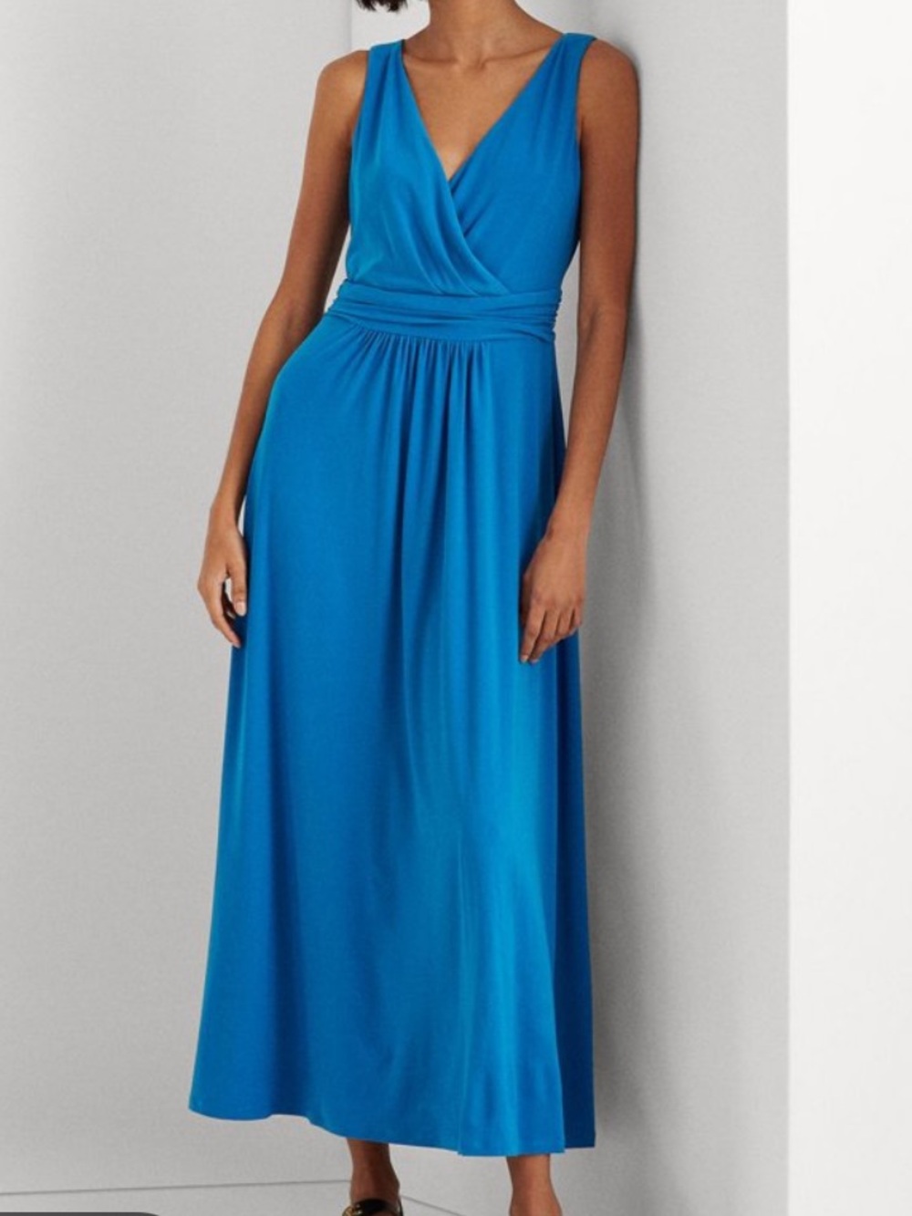 Lauren Ralph Lauren blue jersey flowy long crossover wrap dress size 14